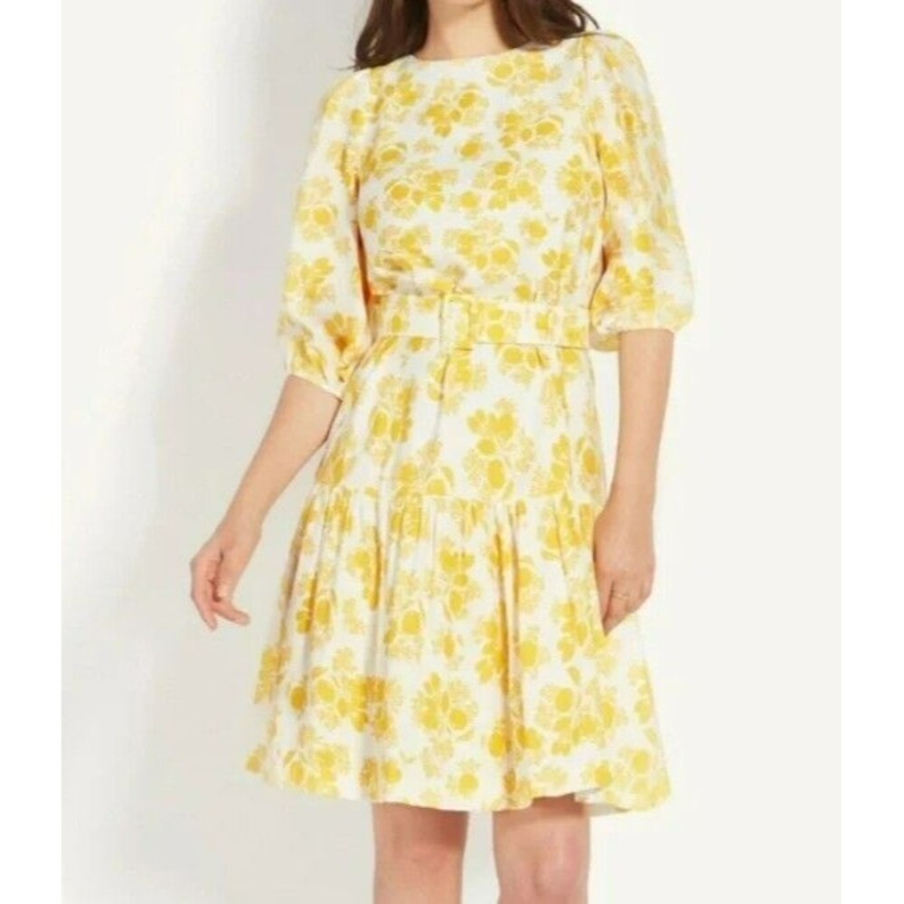 Ann Taylor Citrus Blossom Belted Flounce Shift Dress Size 6 Puff Sleeve Feminine